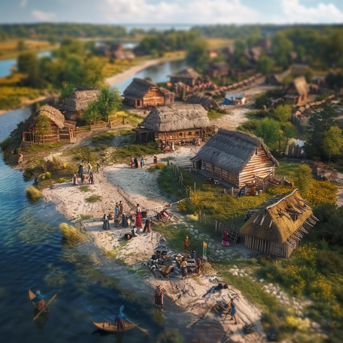 Slavic settlement on the river bank, birds eye view. Wooden huts with thatched roofs, surrounded by a palisade. People in colorful folk costumes engaged in everyday affairs. Stylization of Old Russian miniature, bright colors, detailed com4k.