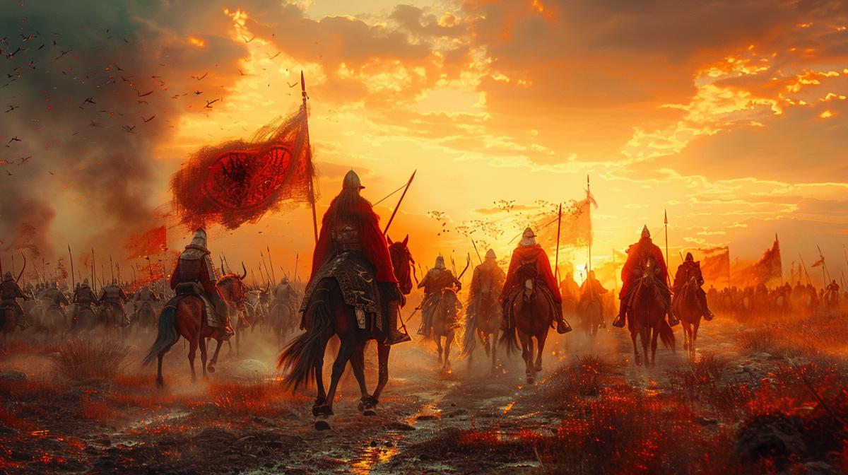 Battle of Slavic warriors with nomads in the steppe. Dynamic scene with horsemen, archers and foot soldiers. Fluttering banners with pagan symbols, glittering weapons and armor. Fantasy illustration style, dramatic lighting, contrasting colors.