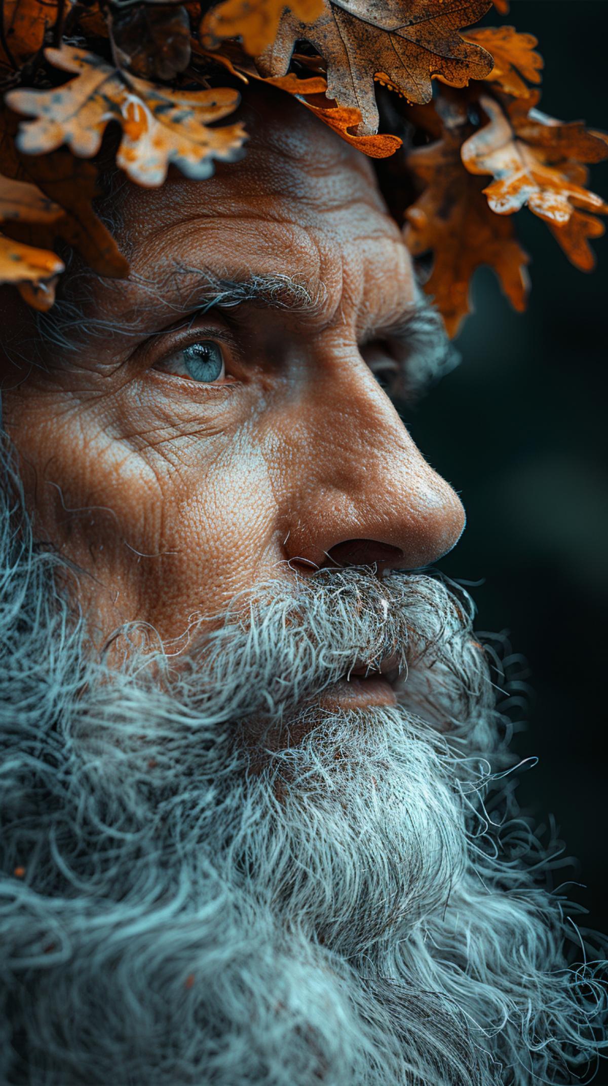 Old Slavic magician in profile, pectoral portrait. Long gray beard, wrinkled face, piercing gaze. On his head is a wreath of oak leaves. Dark background with luxuryly discernible silhouettes of trees.
