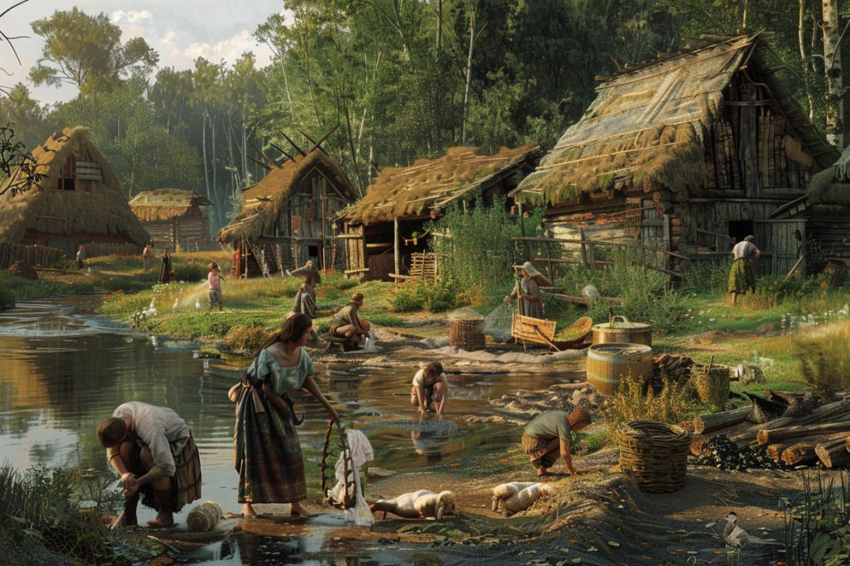 An ancient Slavic settlement from pagan times in Rus, 9th century. Wooden houses with thatched roofs, around which life is in full swing. People go about their daily activities: women wash clothes by the river, men mend nets, children play in the clearing. In the background there is a dense forest and a river. The atmosphere is filled with calm and hard work. Warm daylight, soft shadows, rich palette of green and brown shades. The style is reminiscent of realistic video game scenes with detailed rendering and deep perspective.