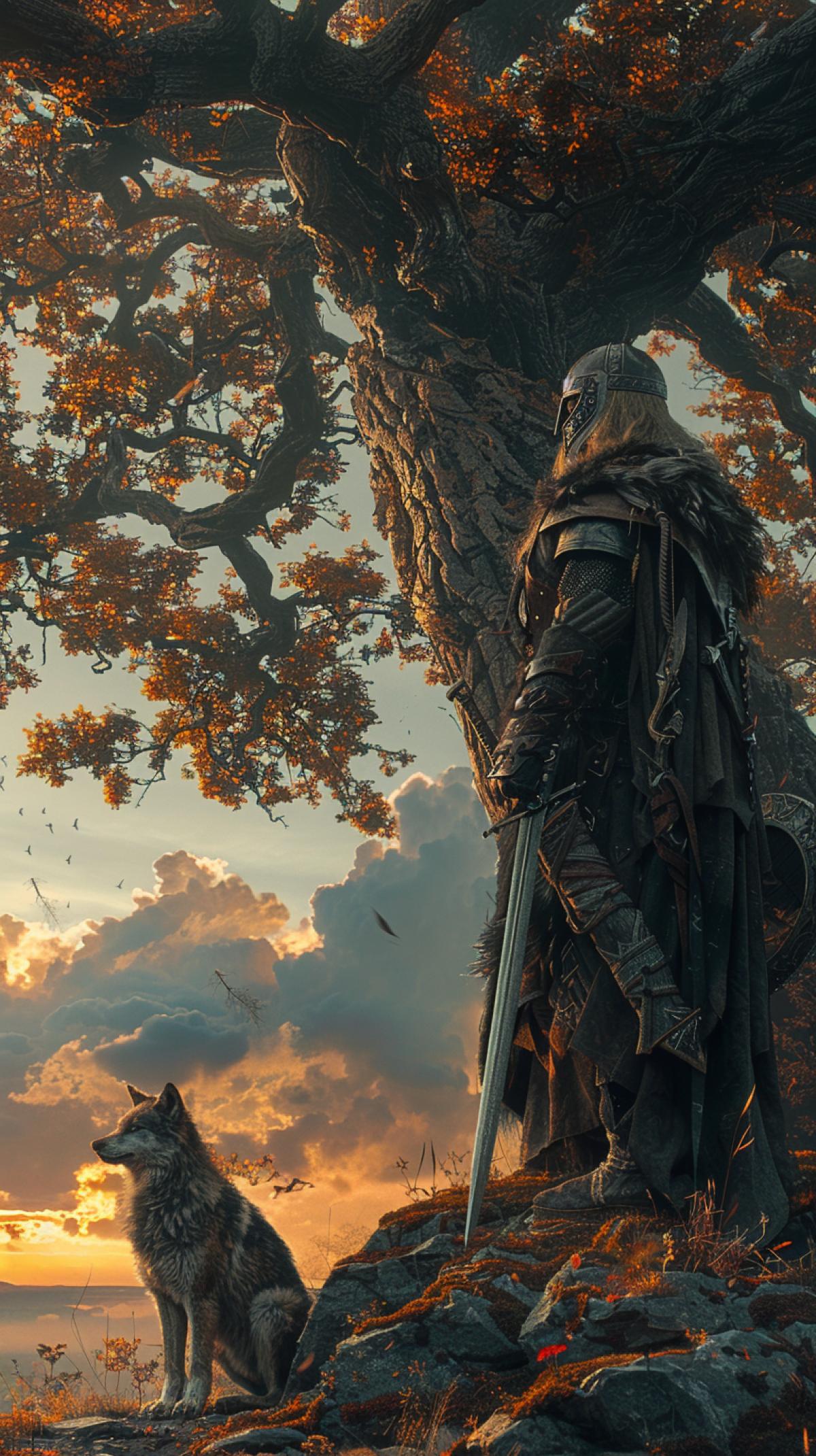 Portrait of a Slavic warrior in full height. A young man in chain mail and helmet, with a sword and shield. Behind his back a huge oak tree against the background of the sunset. At the feet of the warrior is a faithful wolf. Stylization of Viktor Vasnetsovs paintings, saturated colors, vertical com4k