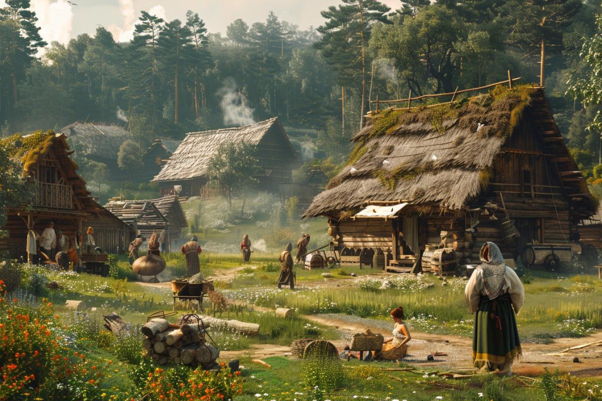 Ancient Slavic settlement on the edge of a forest, 9th century. Wooden houses with thatched roofs, women cooking by the fire, men building new homes, children playing with pets. In the background there is a dense forest and a clearing with flowers. Warm daylight, soft shadows, rich palette of green and brown shades. The style is reminiscent of realistic video game scenes, with detailed rendering and deep perspective, creating the feeling of a living, breathing world.