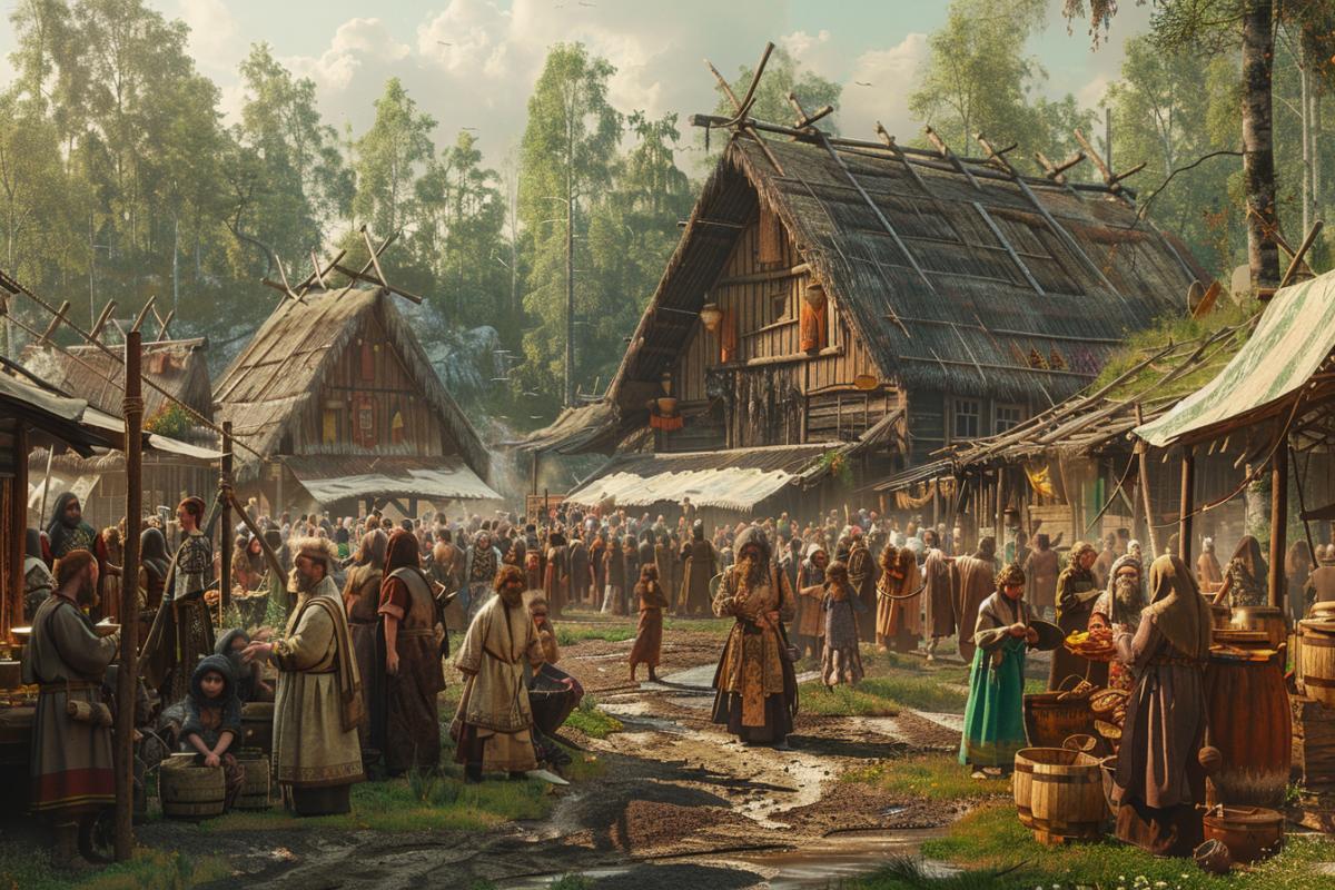 Ancient Slavic city on the river bank, 9th century. The central square with wooden houses and a temple, surrounded by people in traditional clothes. Women trade in the market, men communicate, children run around. The background is a dense forest through which the river is visible. Warm sunlight, soft shadows, a rich palette of green and brown shades. The style is reminiscent of detailed scenes from video games, with an emphasis on realism and the atmosphere of everyday life.