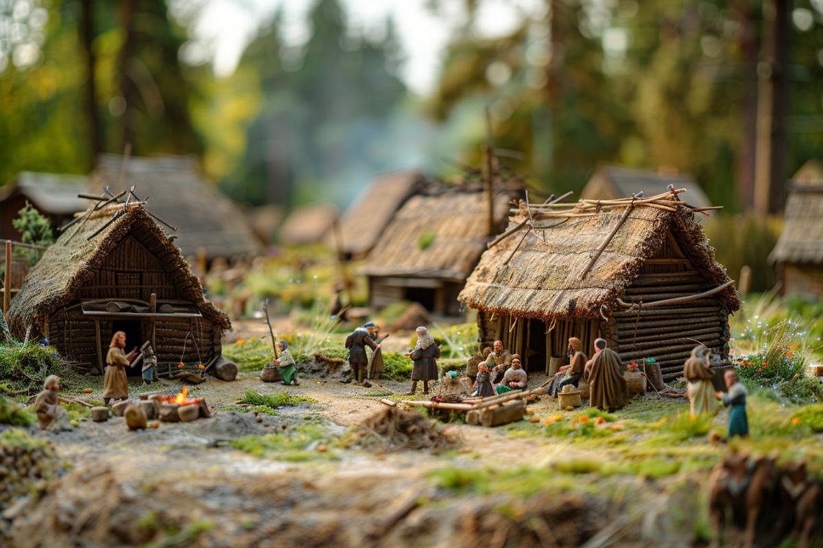 Ancient Slavic settlement on the edge of a forest, 9th century. Wooden houses with thatched roofs, women cooking by the fire, men building new homes, children playing with pets. Dense forest and flowering meadow in the background. Warm daylight, soft shadows, rich palette of green and brown shades. The image resembles a maquette or diorama, with miniature details and a miniaturization effect, creating the feeling of a small but living world.