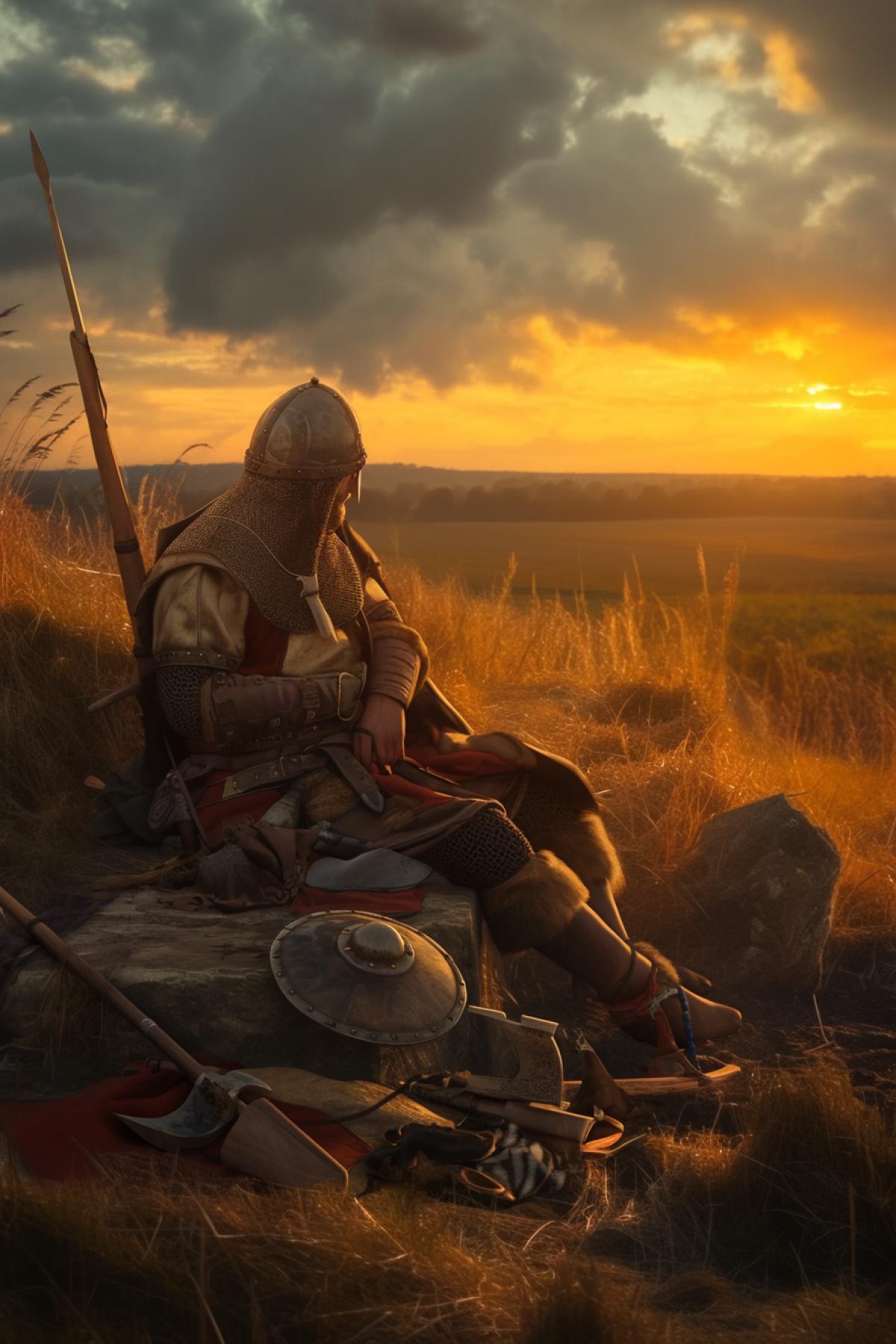 image of a battlefield after a battle, a Slavic warrior in armor sits on a stone, late autumn, evening, Slavic paraphernalia on the armor