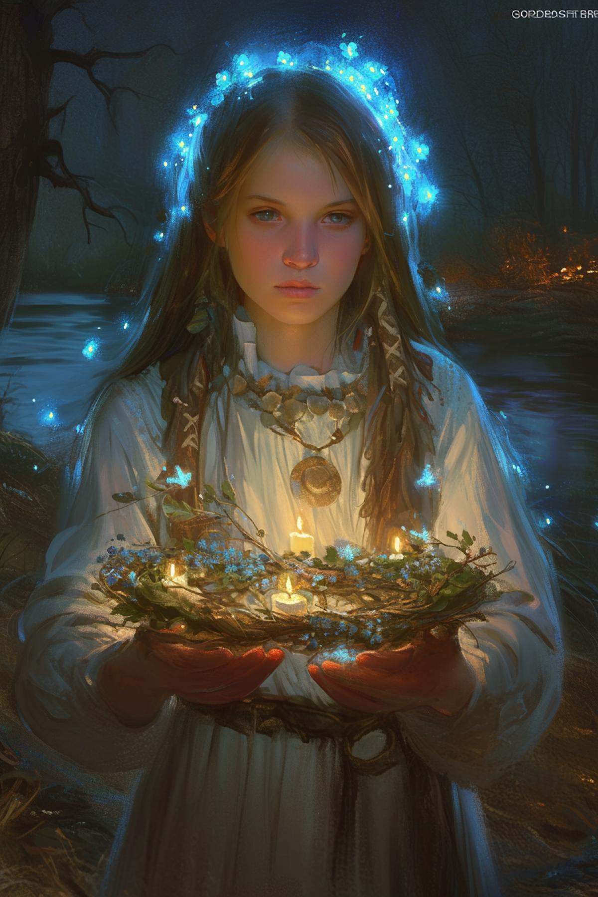 a beautiful girl in Slavic clothes launches a small wreath of flowers with a candle in the center, a girl in a white Slavic dress, brown hair, night, mysterious dark forest, by Gerald Brom and Terry Dodson, river, mysterious little blue lights all around, fantasy style, highly detailed, packed with hidden details, style, high dynamic range, hyper realistic, realistic attention to detail, highly detailed, 32K, realism, colorful realism, extreme close up