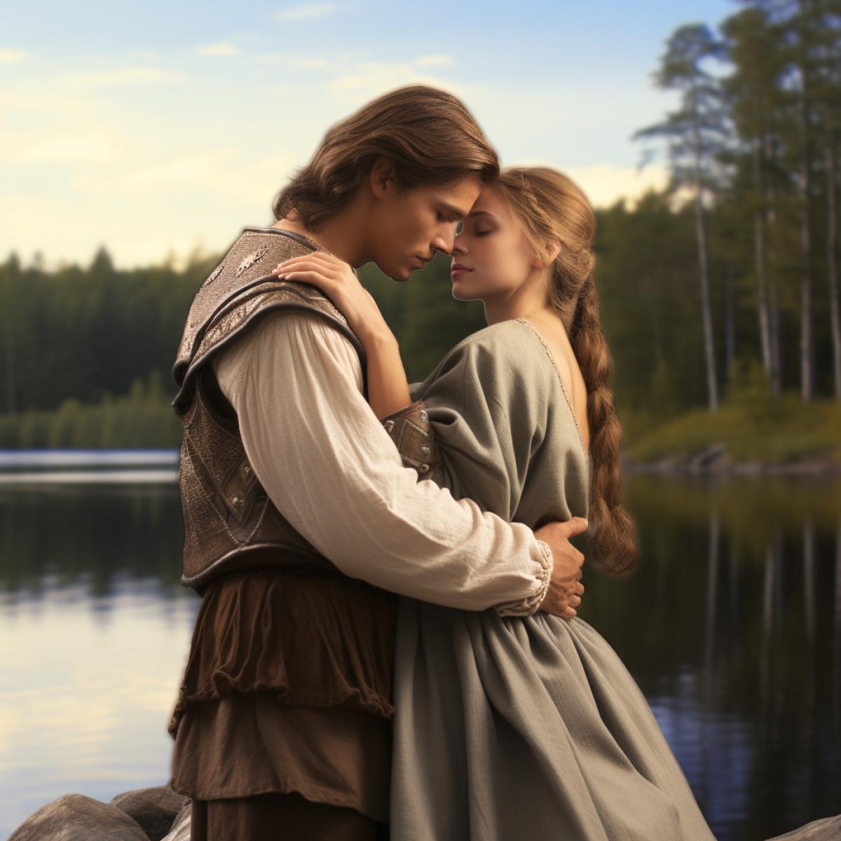 A slender brunette and a fair-haired man are hugging on a lake, in the style of ancient Rus, high detail, photorealistic