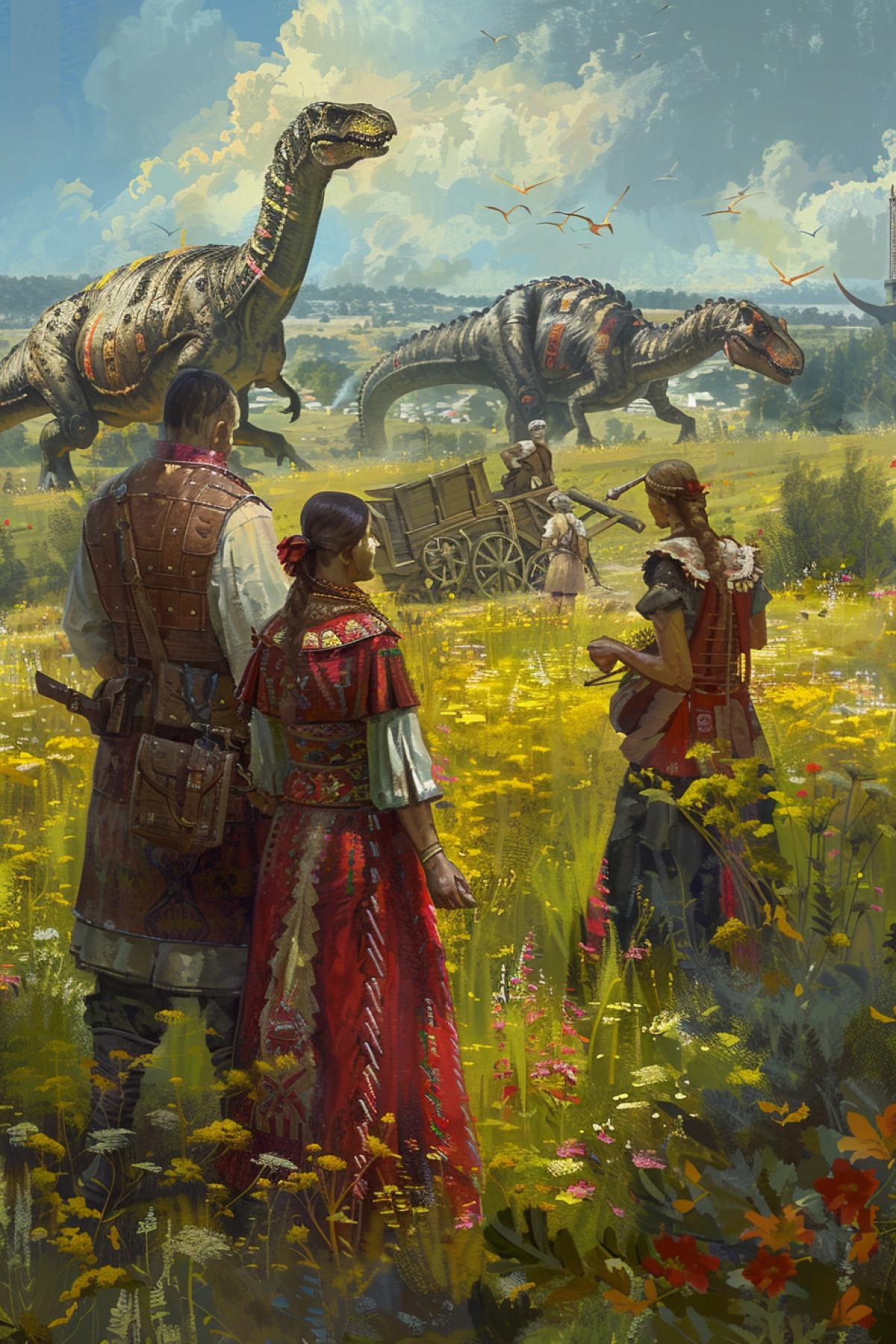 An ancient, highly advanced civilization rooted in harmony with nature. Exquisite individuals adorned in traditional Slavic attire. Wooden contraptions and devices infused with steampunk aesthetics, integral to daily life. In the distance, three majestic dinosaurs are seen plowing a field. A whimsical ambiance of magic and enchantment envelops the scene.