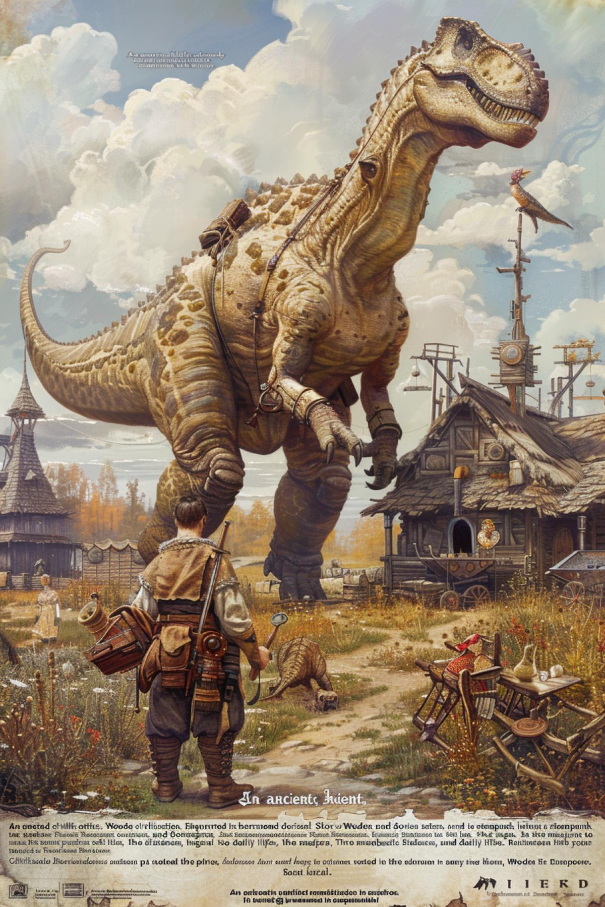 \"An ancient, highly advanced civilization rooted in harmony with nature. Exquisite individuals adorned in traditional Slavic attire. Wooden contraptions and devices infused with steampunk aesthetics, integral to daily life. In the distance, three majestic dinosaurs are seen plowing a field. A whimsical ambiance of magic and enchantment envelops the scene.\"