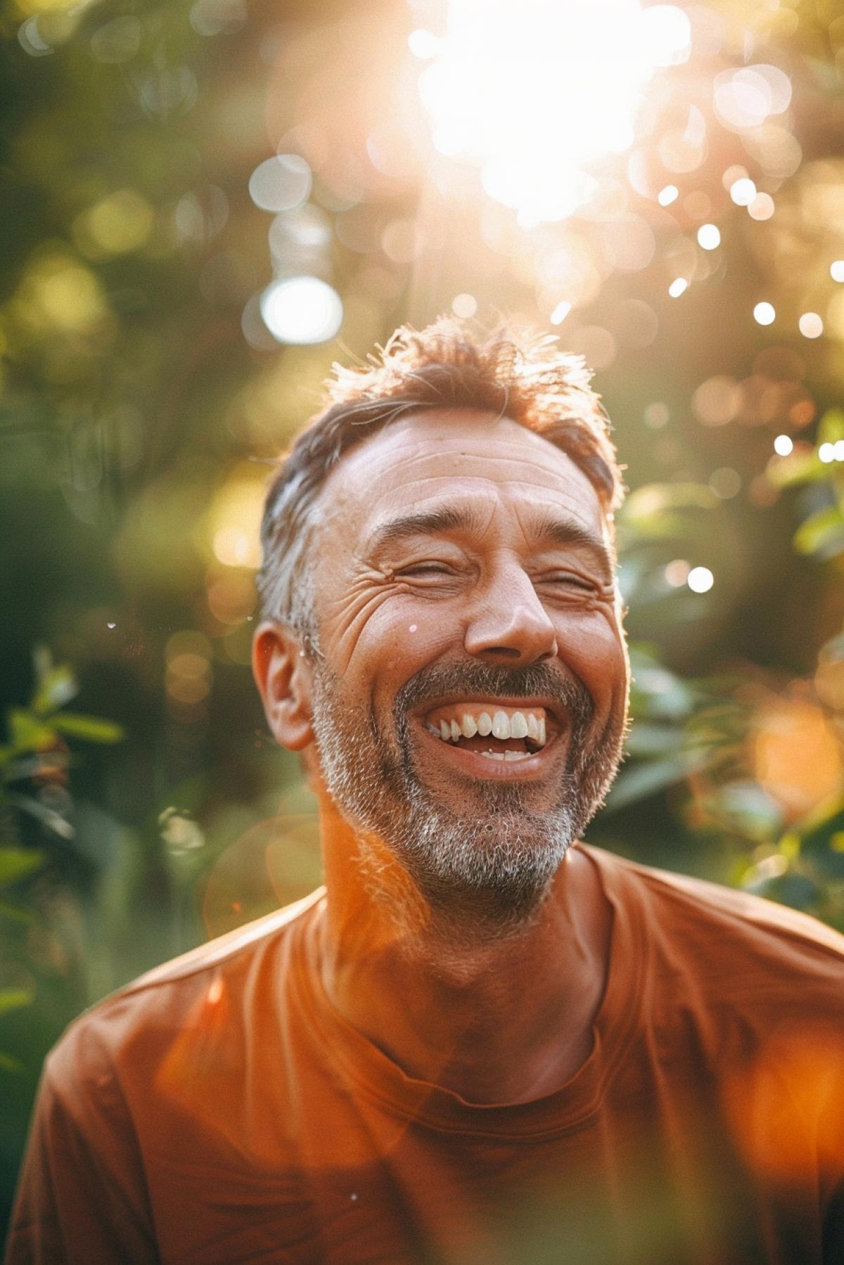 A middle-aged man laughs in nature, summer day. His face shines with joy, his eyes sparkle, his mouth is wide open in sincere laughter. The trees around are green, the suns rays penetrate through the foliage, creating soft shadows. Light and warm lighting, a bright palette of green and golden shades. Camera close, focus on face, foreground blurred.