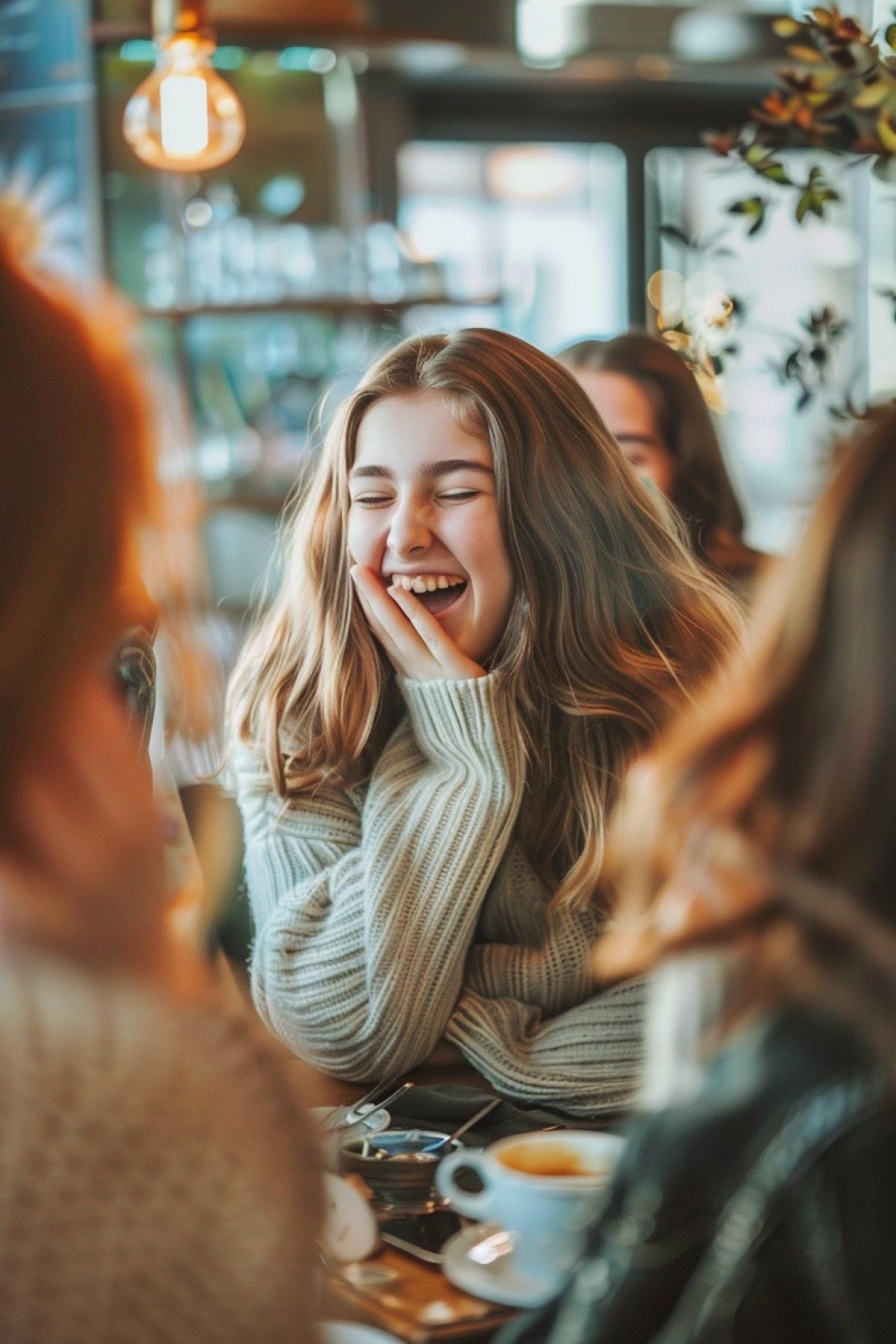 A young girl sits in a cafe with friends, laughing heartily. Her eyes are closed, her mouth is wide open in laughter, her hands are covering her face. At the table, other people laugh and smile too. There is a cozy cafe interior, soft lighting, warm colors. Medium-range camera, focus on the girl, background blur.