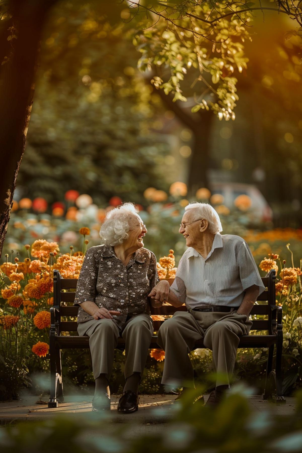 An elderly couple is sitting on a bench in the park, both laughing and holding hands. Their faces glow with happiness, their eyes wrinkle with laughter. Around there are flowering flower beds, green trees, and the suns rays creating soft shadows. Light and warm lighting, a rich palette of green and floral shades. Medium-range camera, focus on couple, background blur.