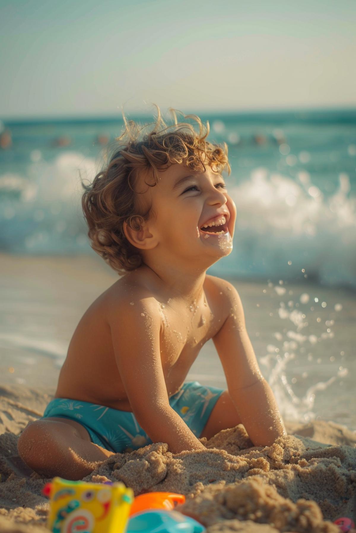 A child playing on the beach laughs while sitting on the sand. His face is illuminated by the bright sun, his eyes glow with joy, his mouth is wide open in laughter. Toys are scattered around, waves splash nearby. Bright daylight, rich colors of sand, water and sky. Camera at childs level, close-up, focus on face.