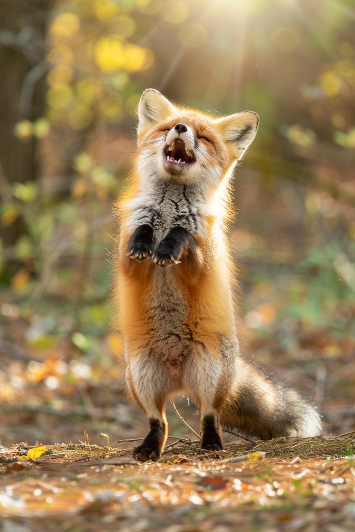 The little fox stands on his hind legs, his front legs are folded on his stomach, he laughs, showing his teeth. His eyes sparkle with joy, his tail fluffs. There is a forest clearing around, the suns rays break through the trees, creating soft shadows. Bright daylight, rich green and brown shades. Medium-range camera, focus on a fox, blurring the background.