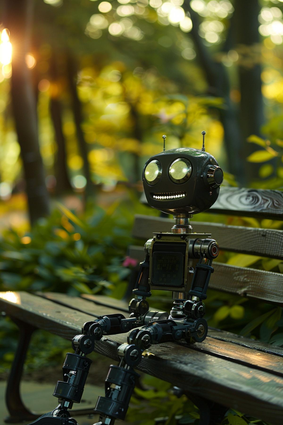 A robot with human features sits on a park bench, holding its stomach and laughing. His metal eyes glow with joy and his diode mouths blink. There is a green park around, bright flowers, sun rays breaking through the foliage. Bright daylight, rich green and metallic shades. Medium-range camera, focus on the robot, background blur.