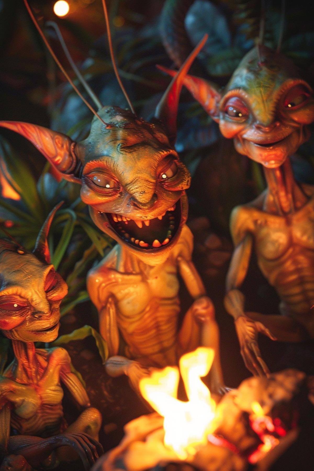 A group of humanoid aliens with bright skins and antennae on their heads are gathered around a fire, one of them laughs loudly, showing his teeth. Their eyes sparkle with merriment and their antennae sway. There is an alien forest around, unusual plants, the light from the fire illuminates their faces. Warm evening lighting, bright alien shades. Medium-range camera, focusing on a laughing alien, blurring the background.