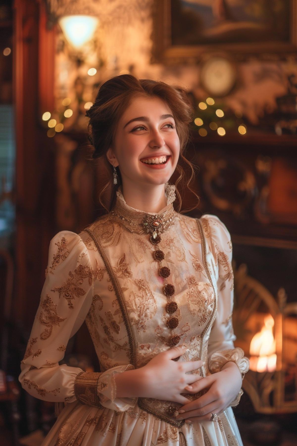 A young woman in a Victorian dress stands by the fireplace, holding her stomach and laughing. Her eyes shine with joy, her dress is richly decorated. Surrounded by a cozy Victorian style room, warm firelights, antique furniture and decor. Warm evening lighting, rich warm shades. Medium-range camera, focus on woman, background blur.