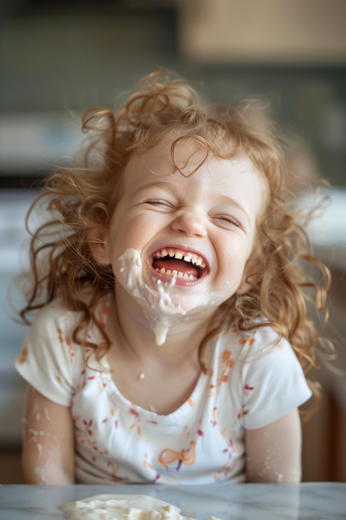 Cute little girl laughing out loud over spilt milk