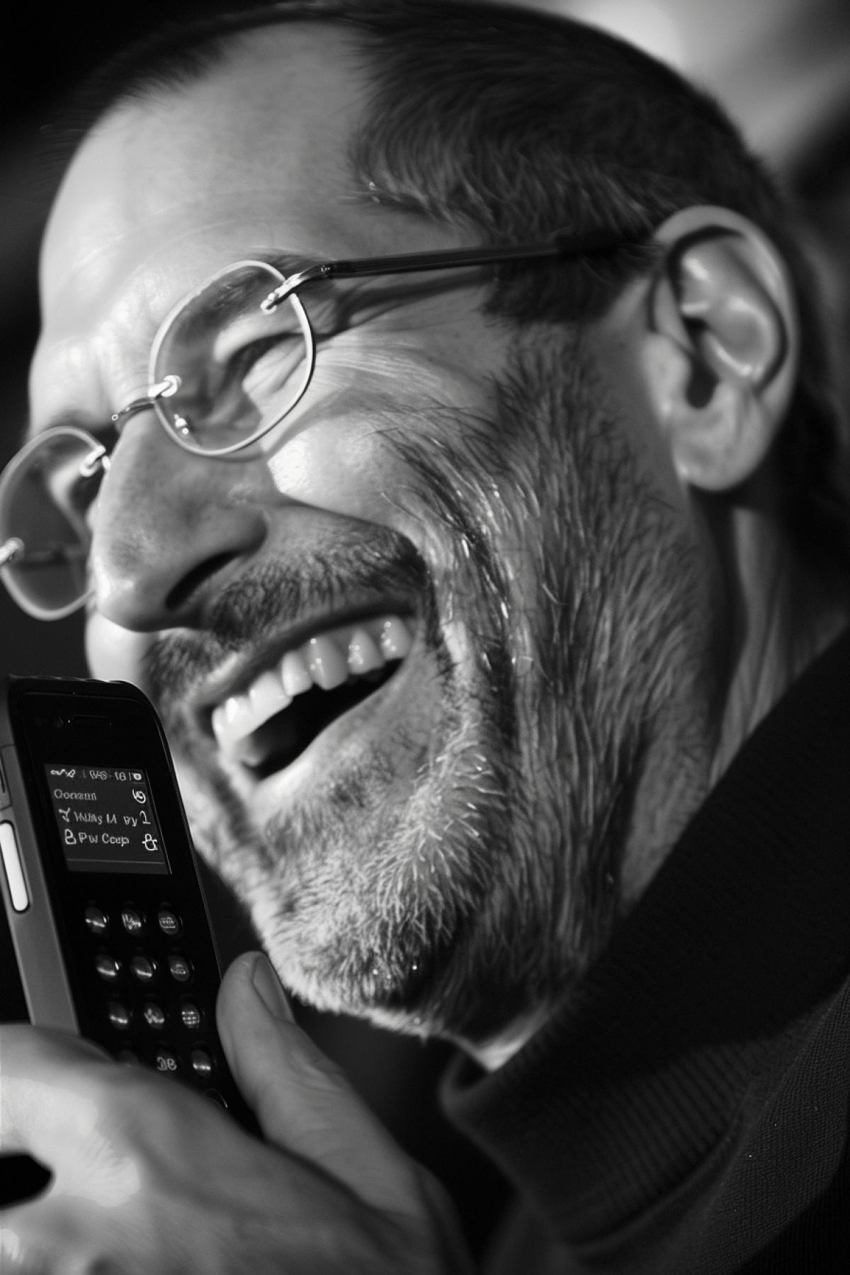 Steve Jobs laughing out loud having Nokia phone in hand lots of details sharp details of face