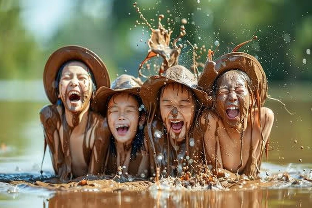 Children laugh, sitting in a puddle, covered in mud