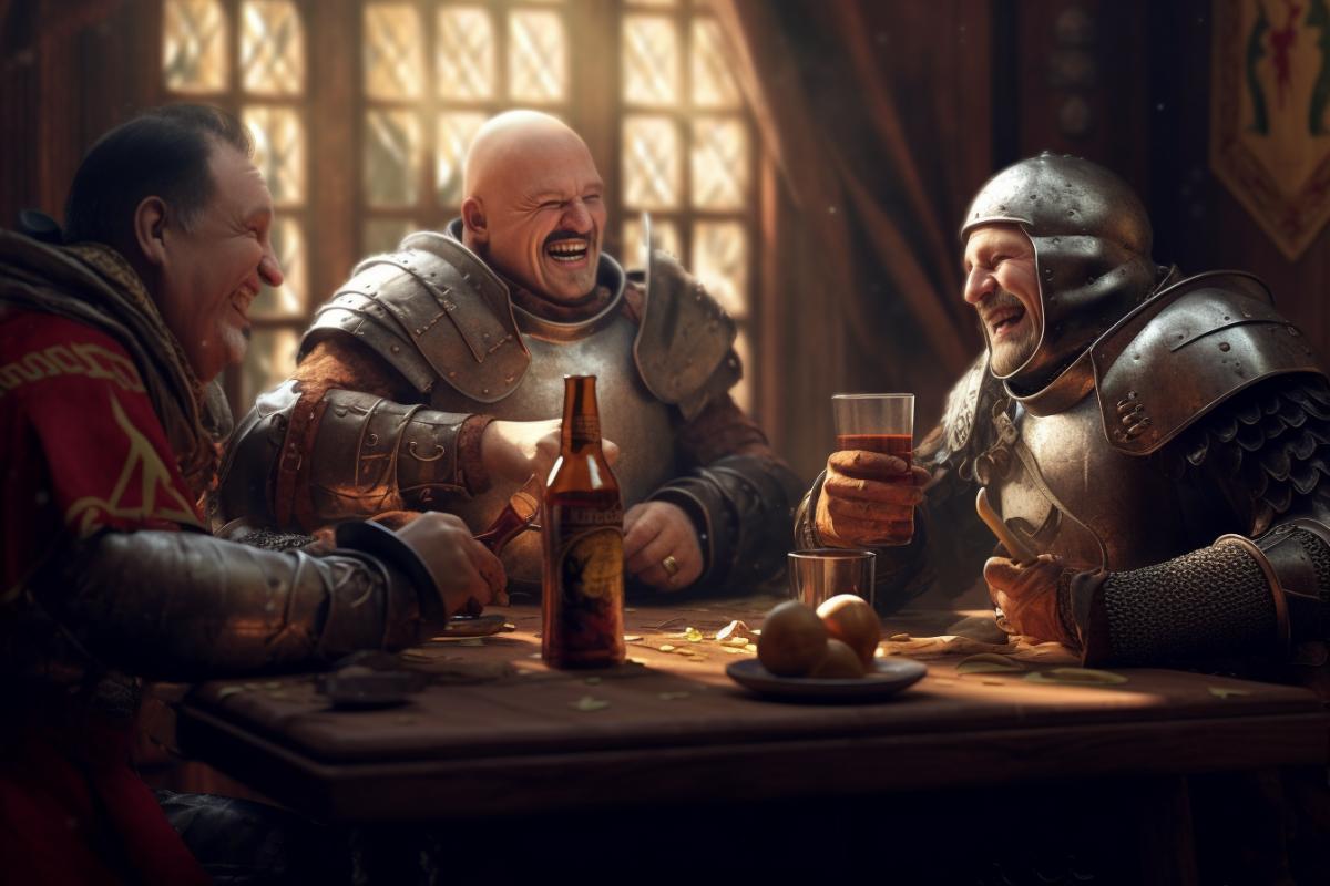 Knights in armor laugh and drink beer in a tavern, laughter and beer!