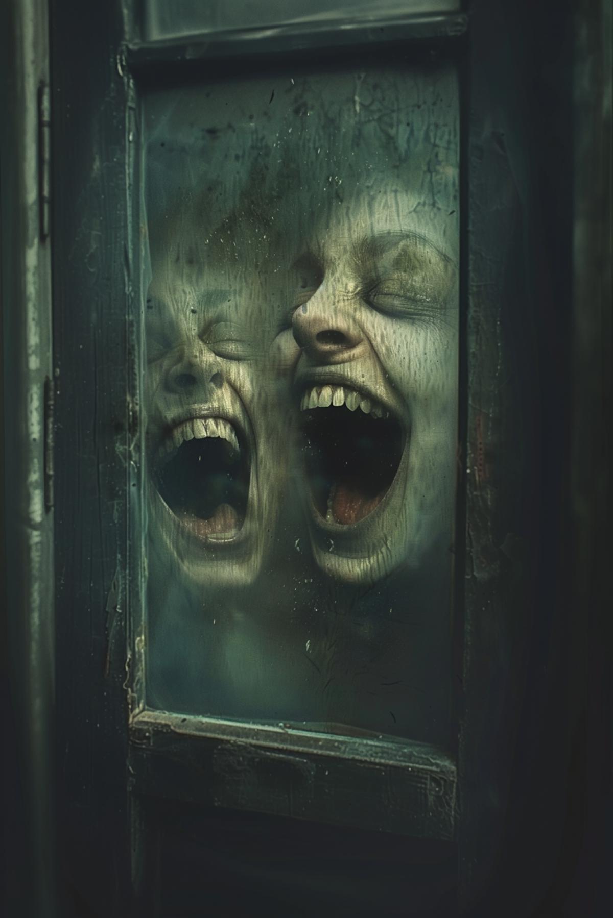 Evil laughter, window, parallel world, flickering, realistic image. Minimalism, clear details, psychedelic