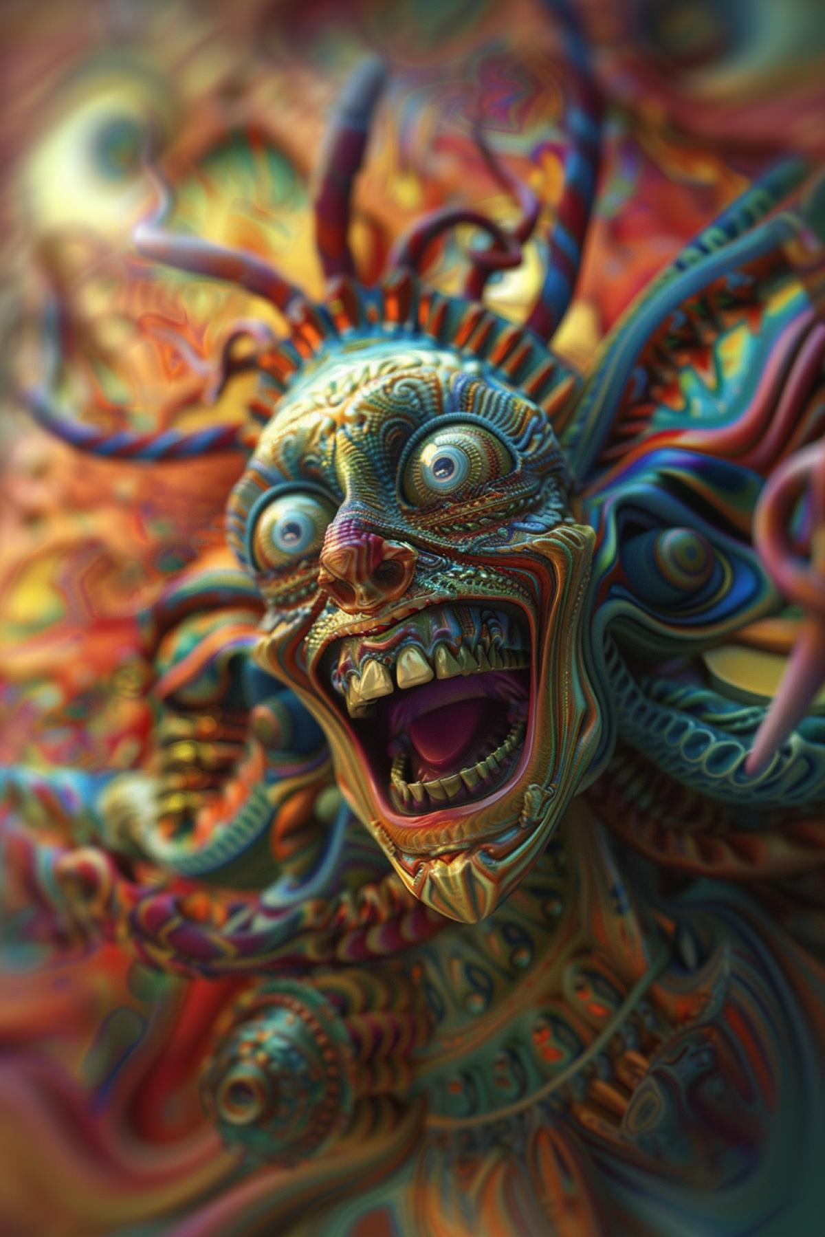 Loud ringing laughter, bells, flickering, psychedelic, realistic image.