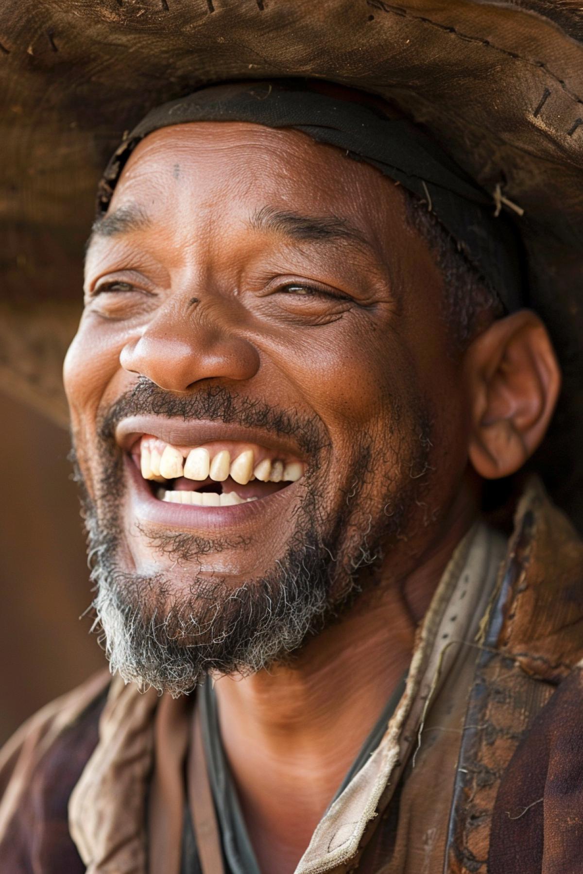 Will Smith in role of medieval peasant wearing medieval hat laughing out loud close-up portrait details wrinkles much fun