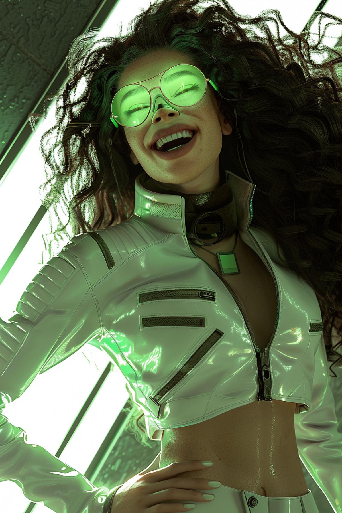 a 3D cybergirl, laughing, her hands on her hips, glasses on eyes, high detalised face, green eyes, dark long curly hair, no background, futuristic style,,3D render, oc render, best quality, 8k,bright,frontlightin, ultra detailed