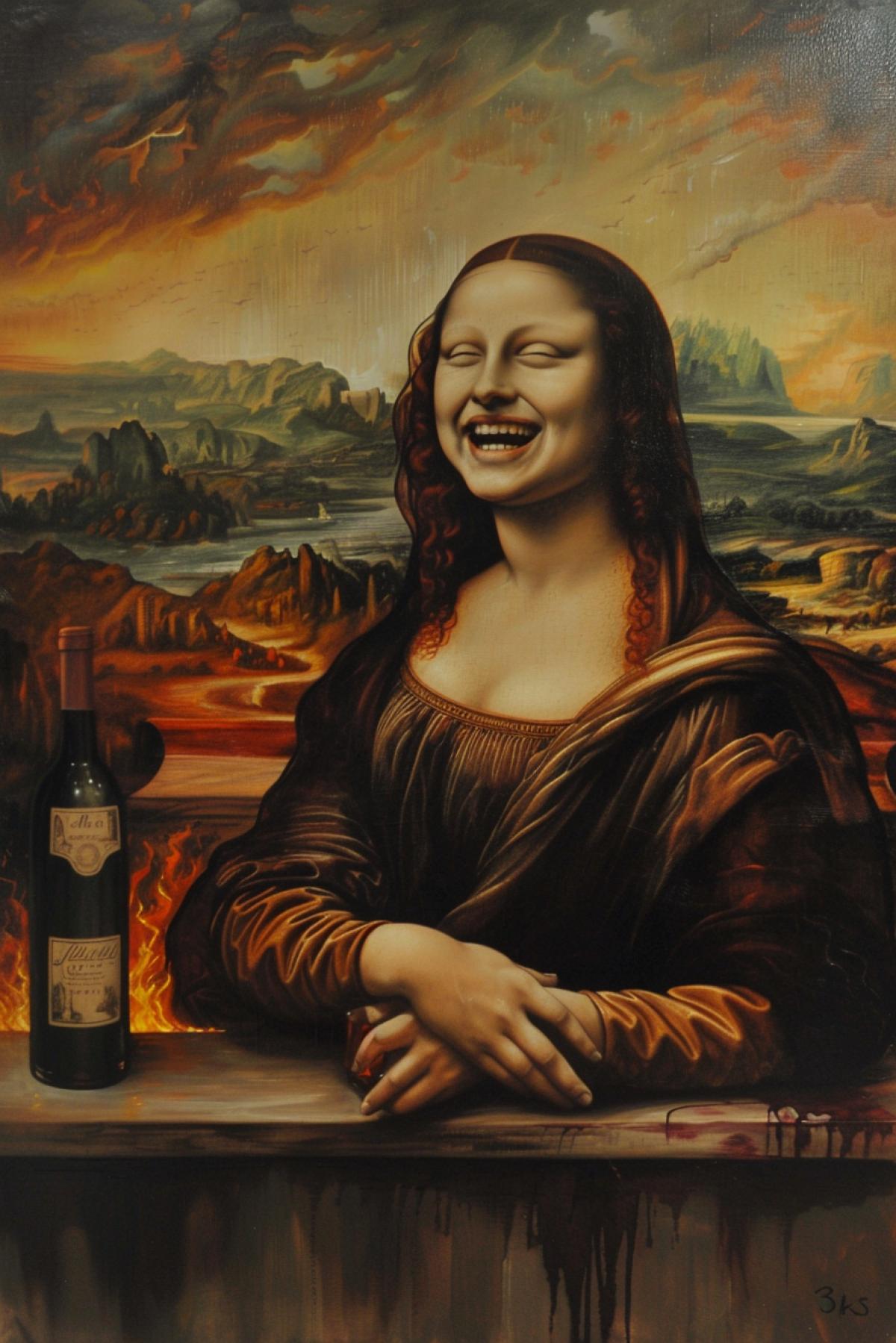 Painting of the Mona Lisa laughing with a wine bottle in her hand , 32 k