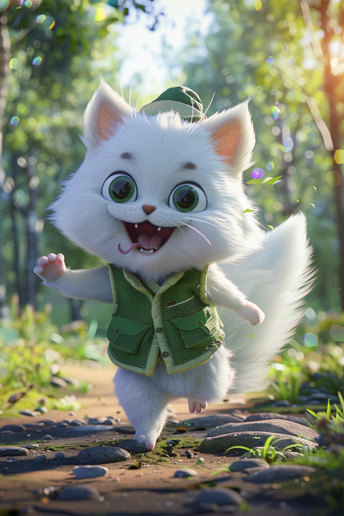 in summer,a super cute baby pixar style white fairy Kitty, big eyed Kitty laughing happily and walking in a forest,Wearing a green vest with hat, Open mouth, shiny snow white fluffy, big bright eyes, fat, fluffy tail, rainbow light, trending on artstation, matte painting, fairy tales,illusory engine 5 and octane render, HD 8K