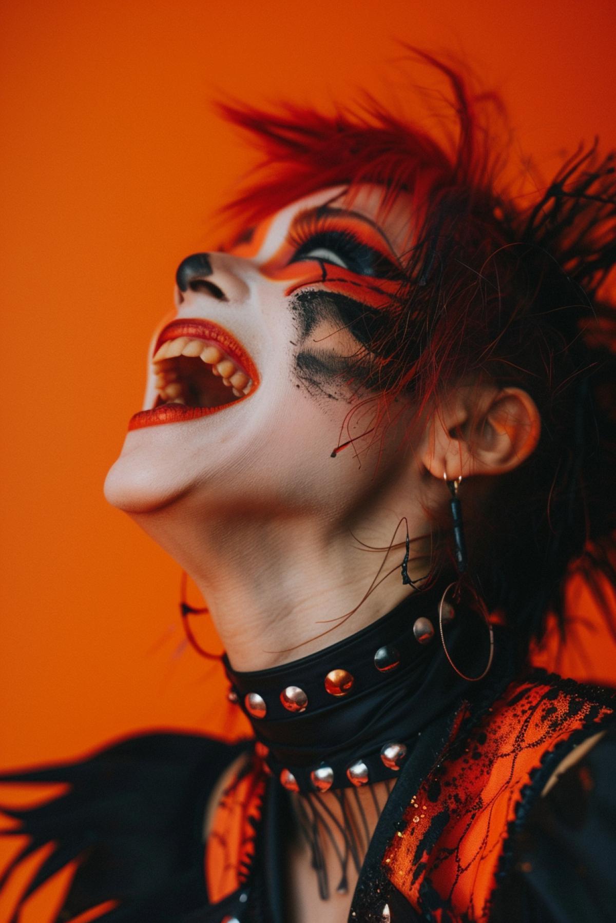 a person in makeup with red and dark face paint looking up, ecstatic, smiling, energetic, laughing, in the style of anime art, red and dark, xiaofei yue, chromepunk, ferrania p30, social media portraiture, victor nizovtsev, orange background
