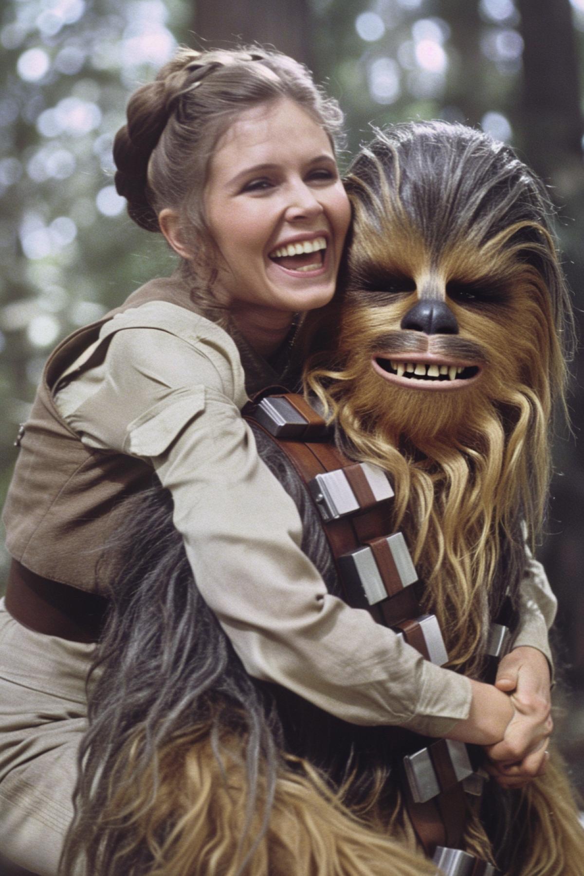 Chewbacca giving Princess Leia a piggyback ride, both are laughing