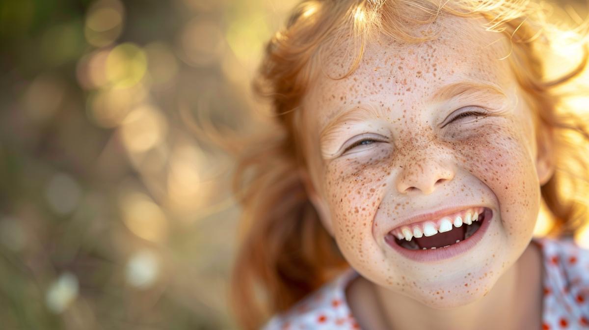 Very laughing girl with freckles missing one upper tooth