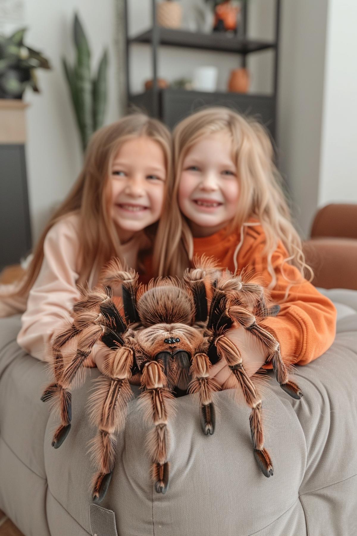 Children making friends with tarantulas, fun and friendship