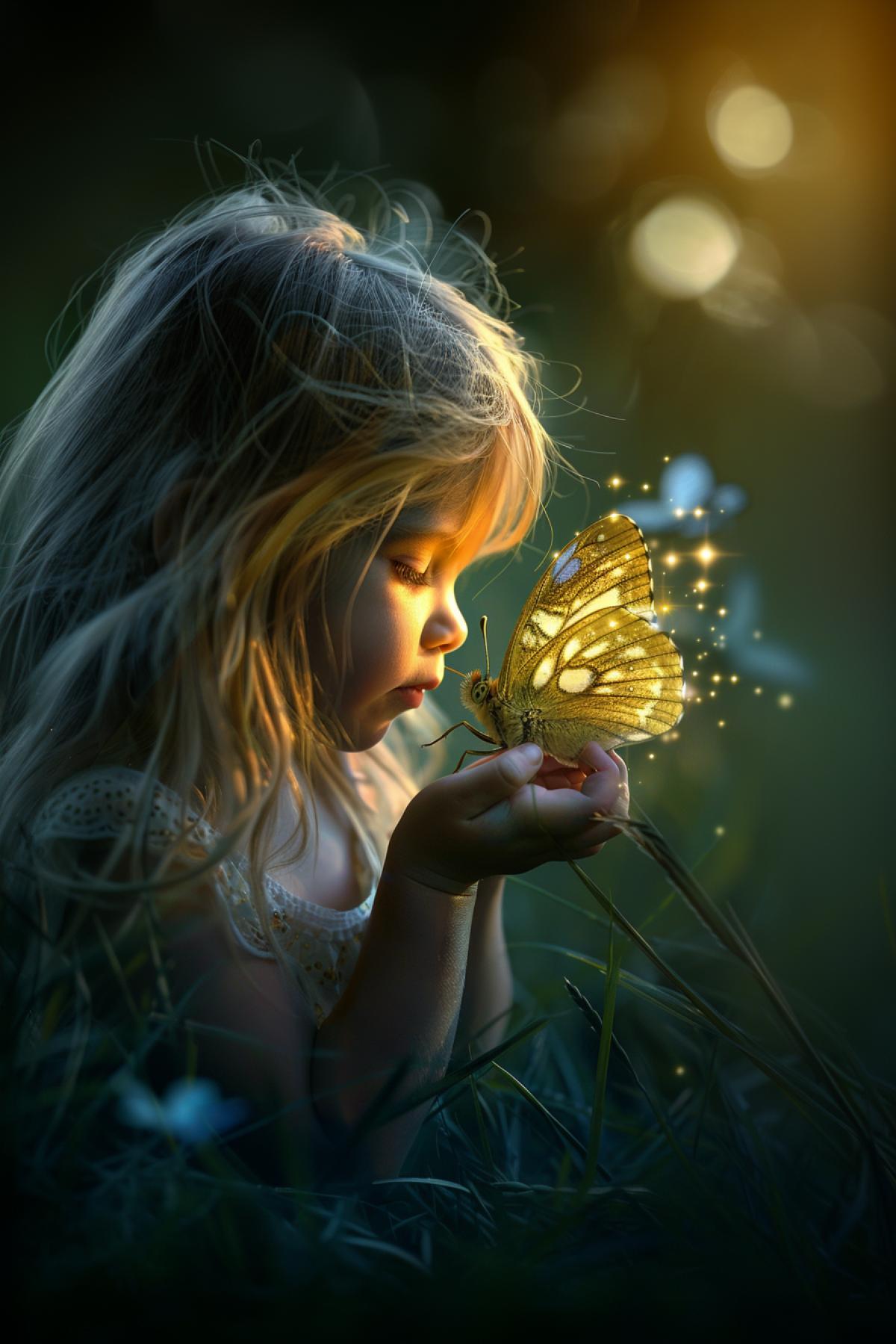 Friendship between a little blonde girl and a beautiful butterfly, magical world, twinkling, realistic image