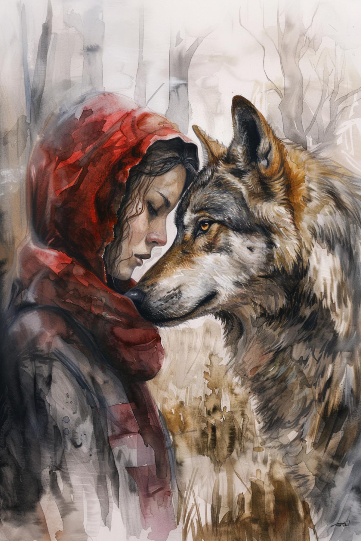 friendship between man and wolf, flickering, realistic image, beautiful rich watercolor paints