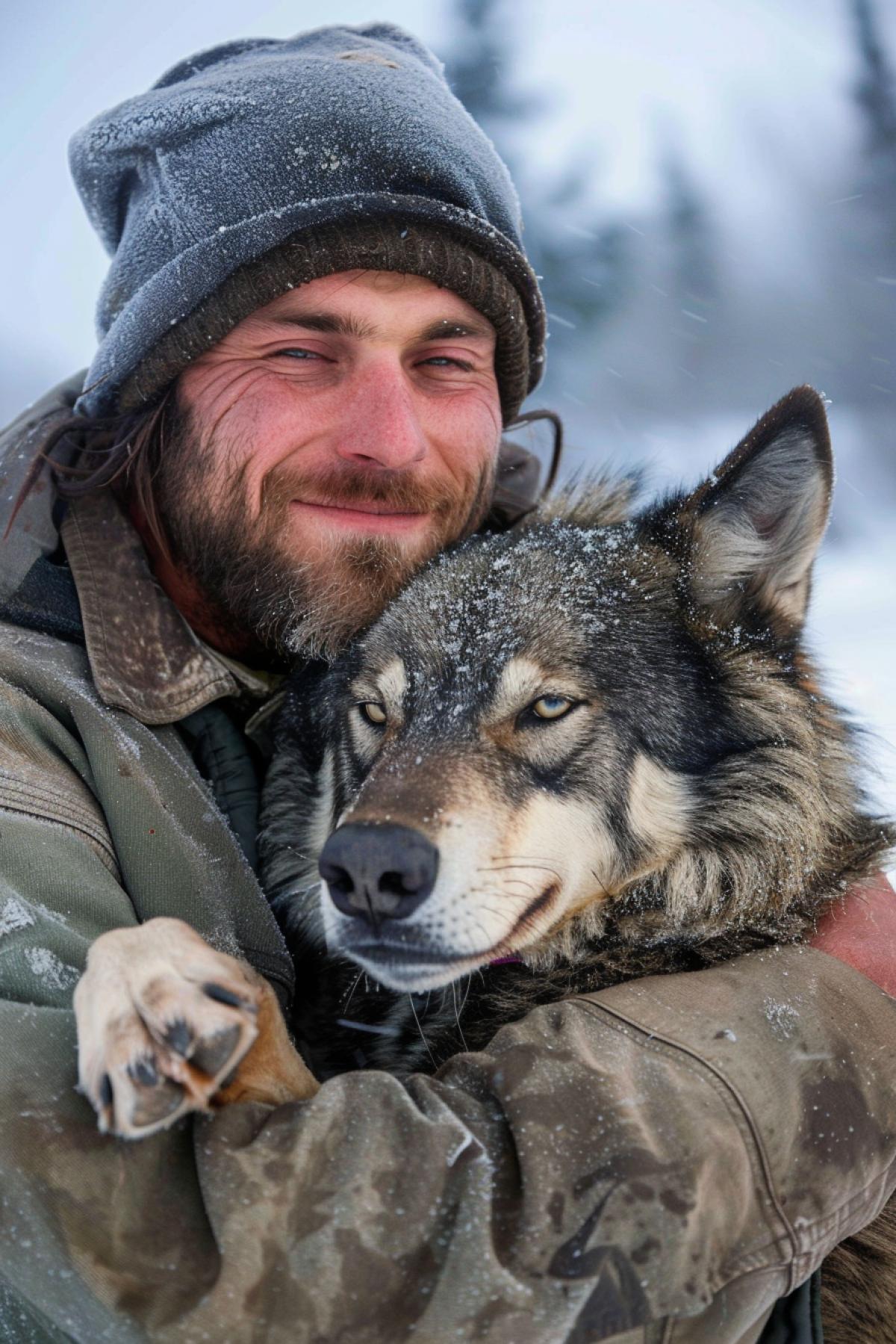 Frozen nearly dying handsome man in Alaska winter rescued carried by his loyal wolffriend