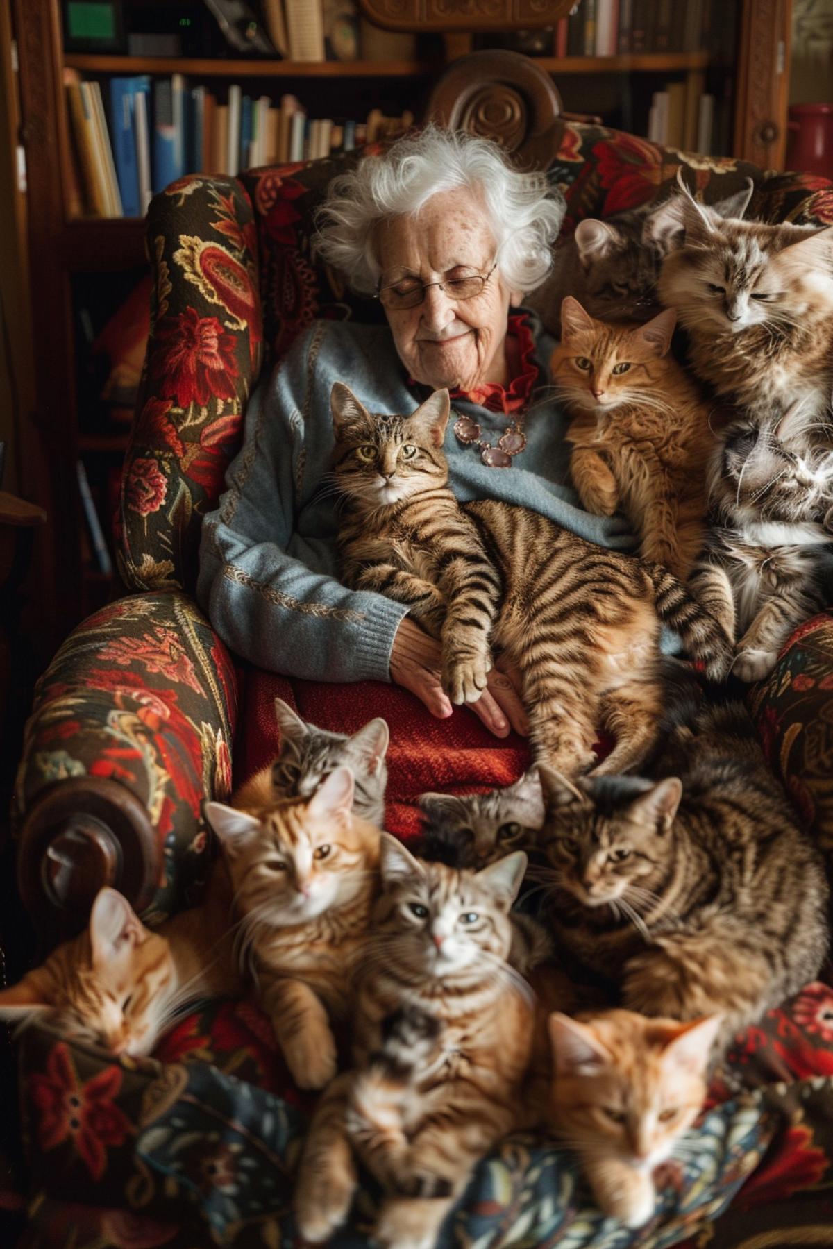 Old granny sitting in armchair surrounded by million loyal cats cost living room interior lots of details