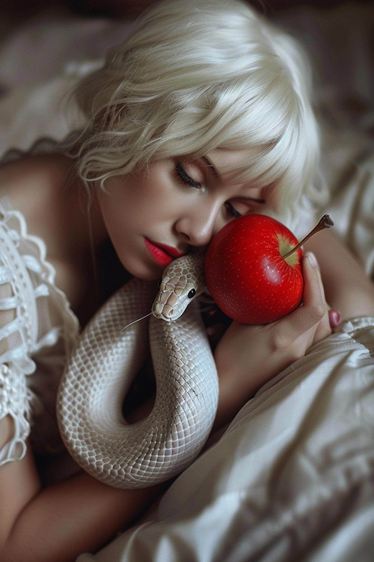 Beautiful blonde gently cuddles a big boa constrictor who has an apple in his teeth.
