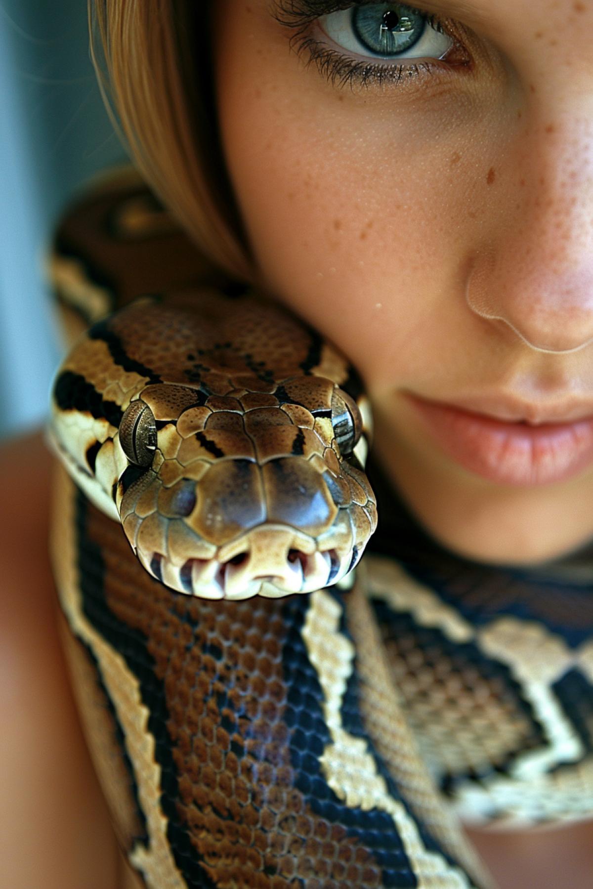 Beautiful blonde gently cuddles a big boa constrictor who has an apple in his teeth.