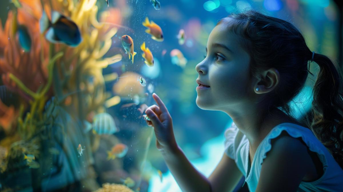 the girl looks interestedly into the aquarium and taps her finger on the glass of the aquarium