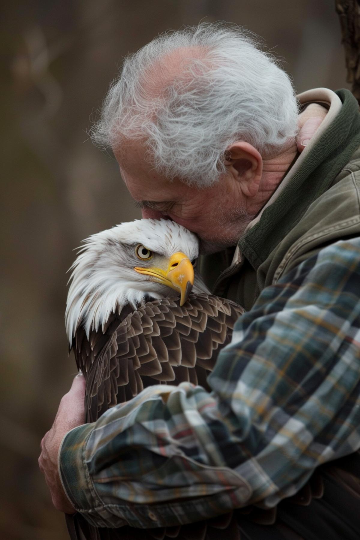 Eagle rescuing man hugging tenderly