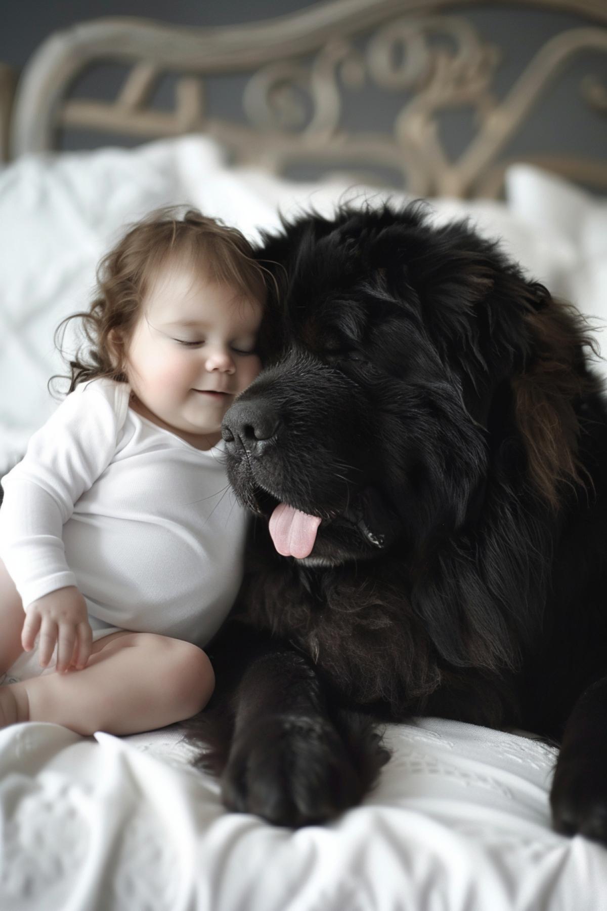 Newfoundland giant dog playing with cute baby tender love