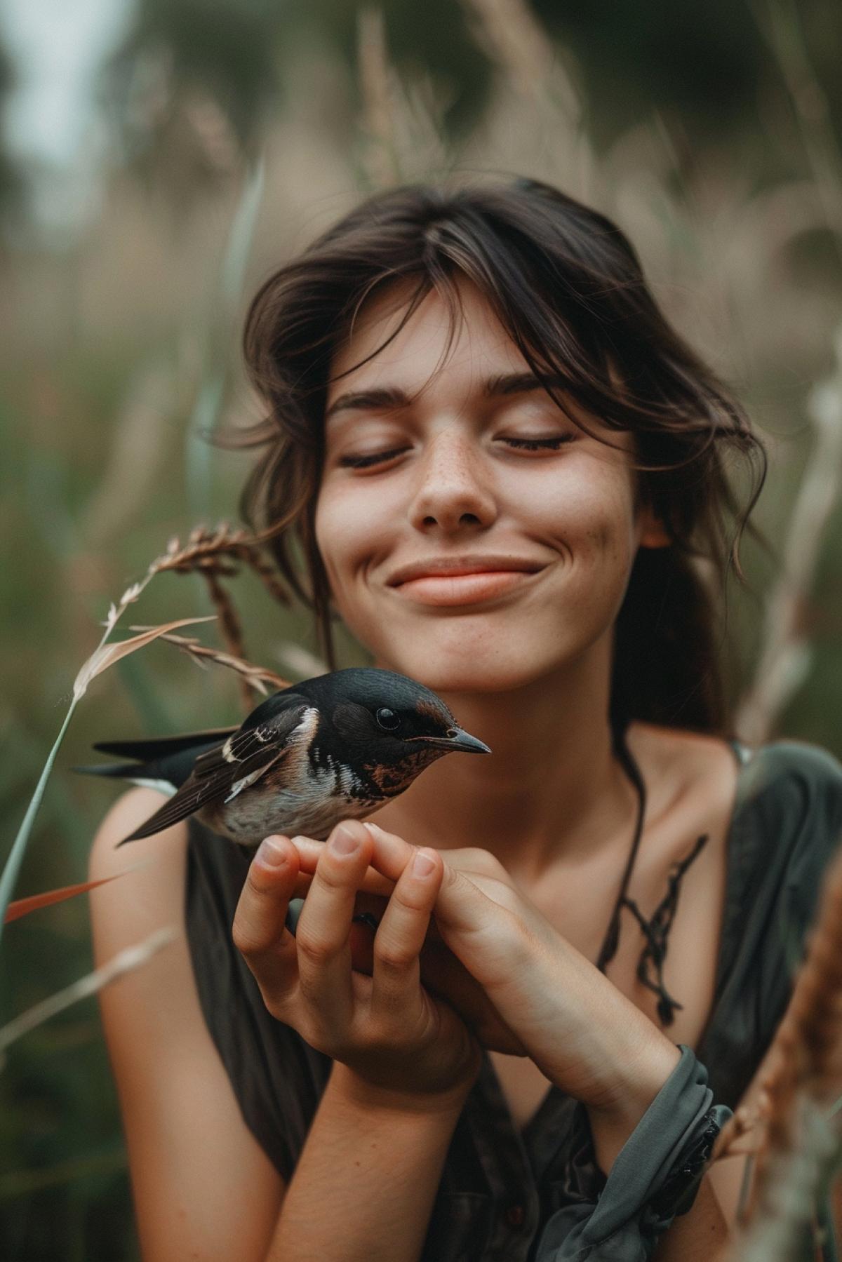 Beautiful 23yo girl rescuing swallow holding swallow in hands smiling tender love