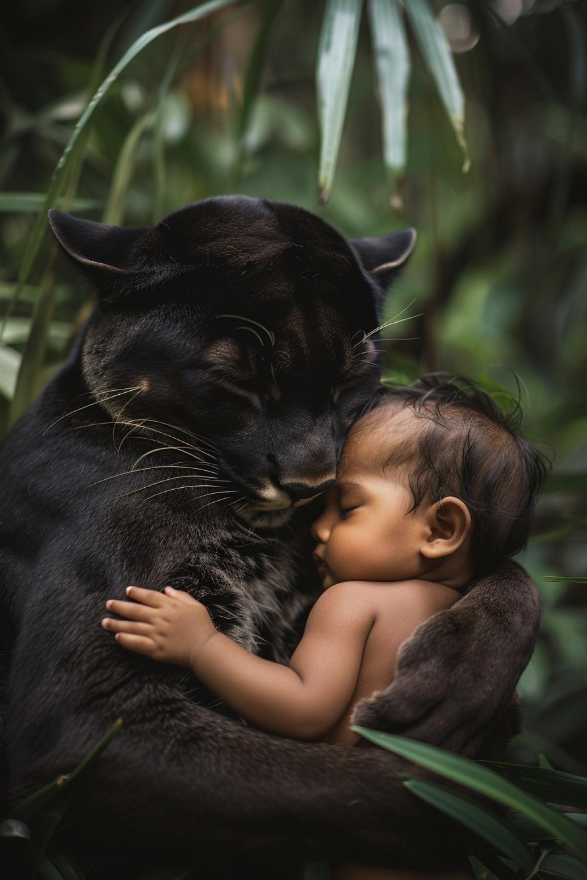 Big dark cougar tenderly hugging little cute Indian baby boy twilight in jungle bright vibrant colours epic view low view sharp focus