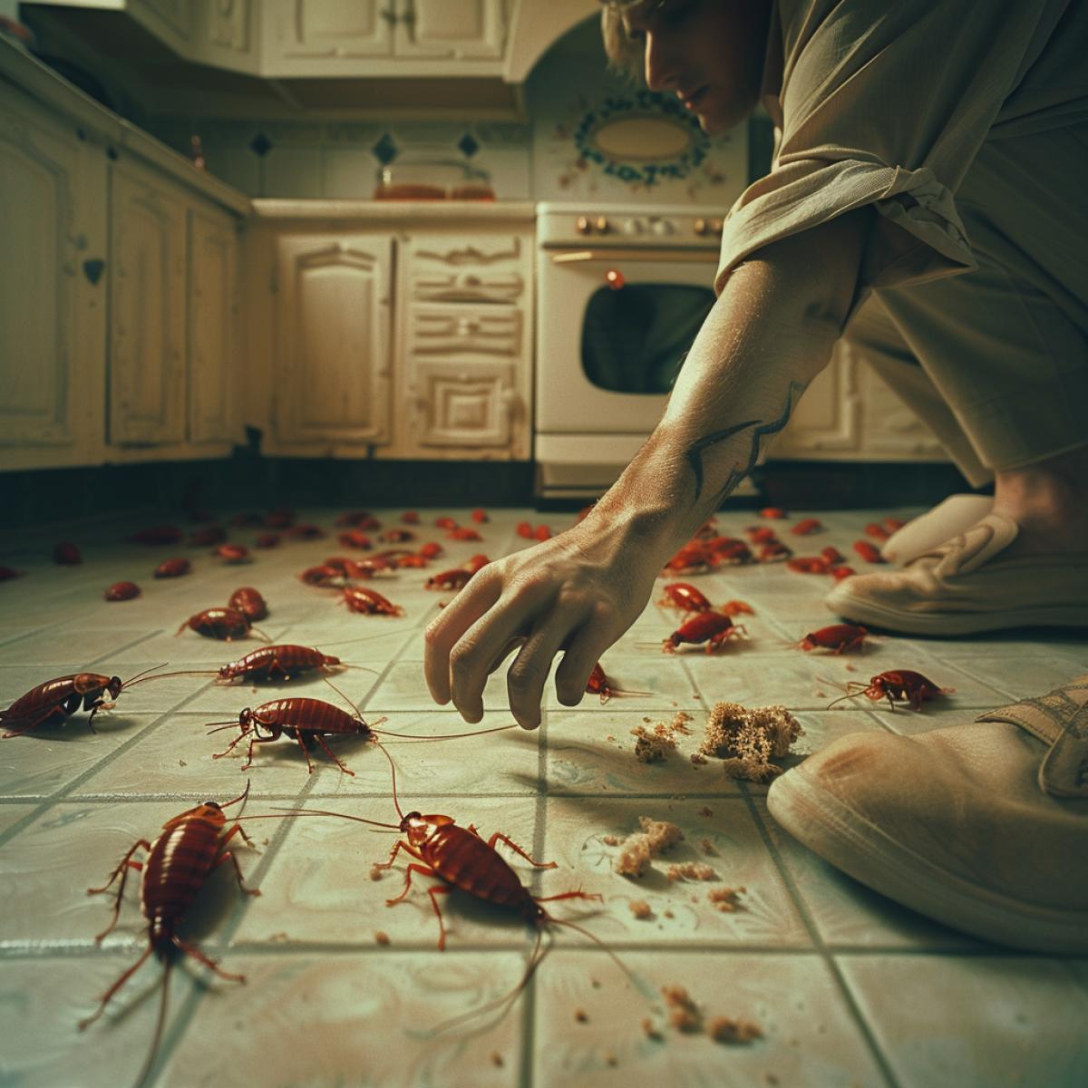 A person kneels on the floor in the kitchen.In one hand, he holds a slipper and points in a commanding gesture with the slipper.On the floor, organized rows of red roaches carry breadcrumbs.There are many red roaches, red roaches are depicted large and clearly visible.The photograph is taken with a slight fisheye effect.