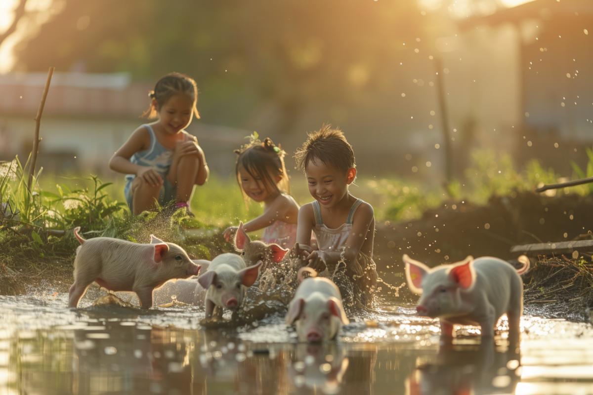 children playing in a puddle with piglets in the morning sun
