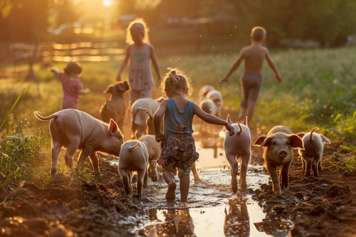 children playing in a puddle with piglets in the morning sun