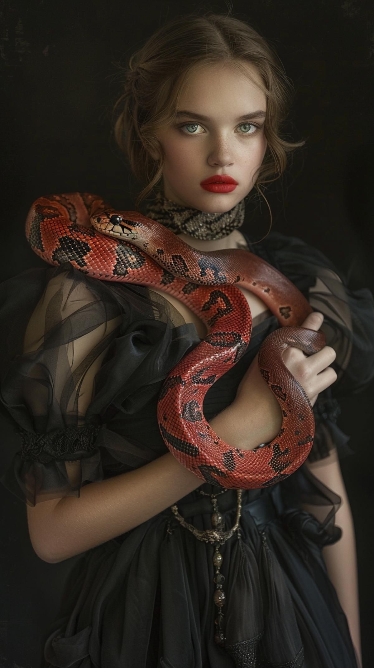 young woman holding a massive red snake wearing a dark dress and lipstick, in the style of subtle surrealism, large-scale photography, petcore, fawncore, uniformly staged images, realistic portrayals